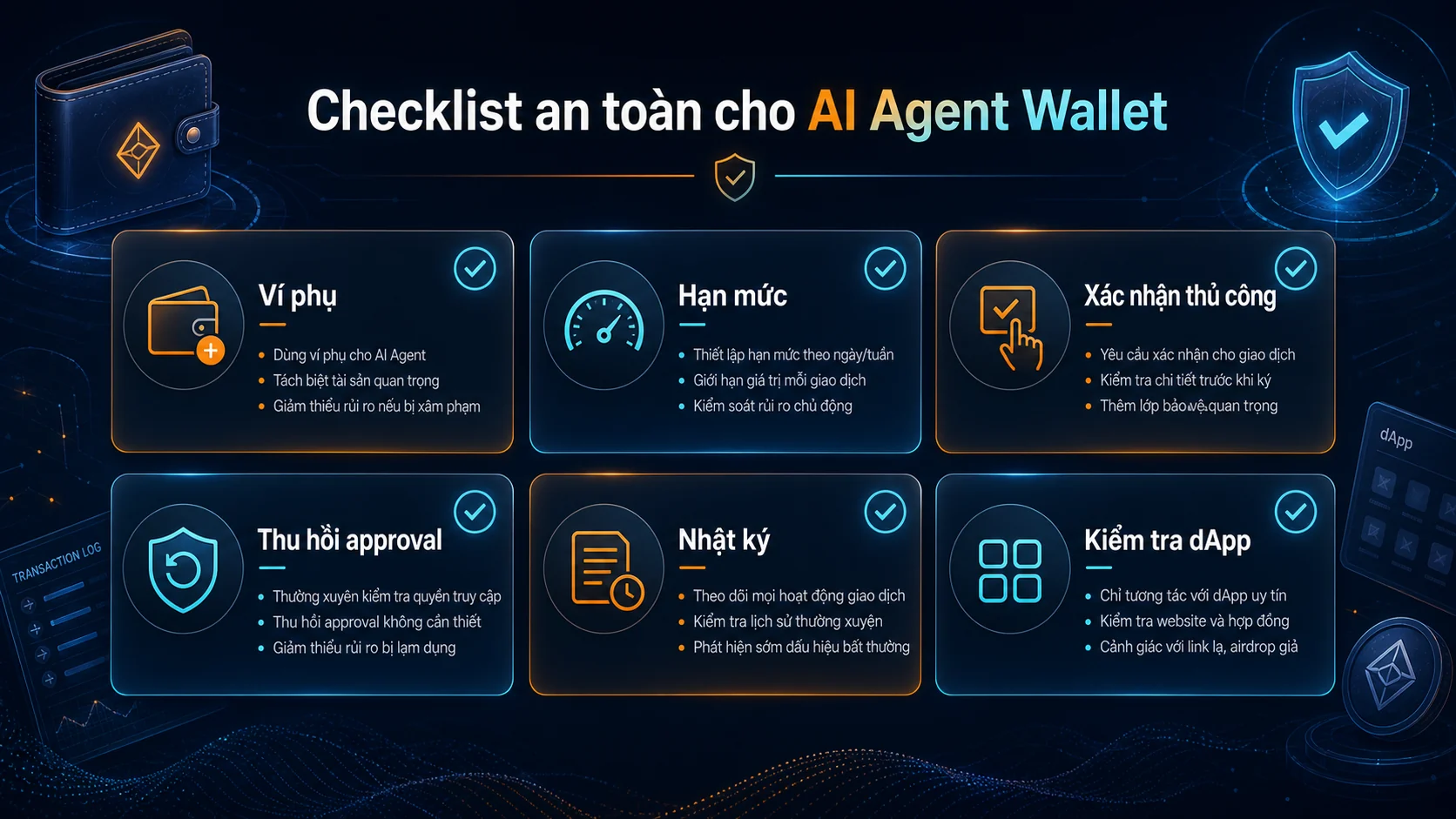 Checklist dùng AI agent wallet an toàn với ví phụ hạn mức và thu hồi approval