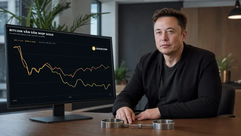 Elon Musk bên biểu đồ chuẩn hóa Bitcoin và Dogecoin