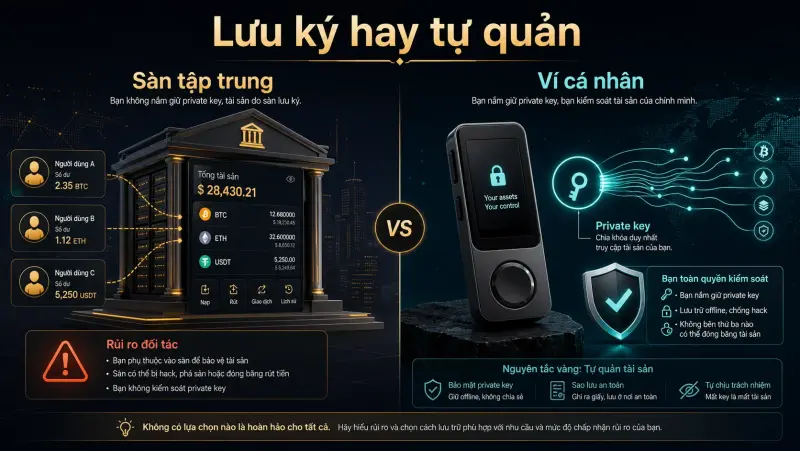 So sánh lưu ký trên sàn và ví tự quản trong crypto