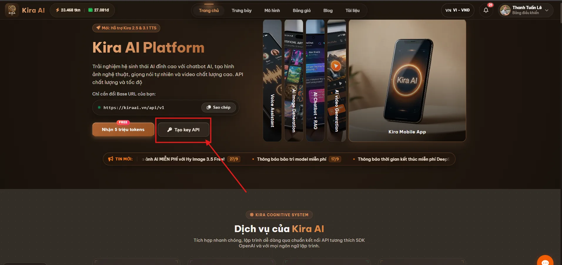 Tạo Key API sau khi đăng nhập thành công