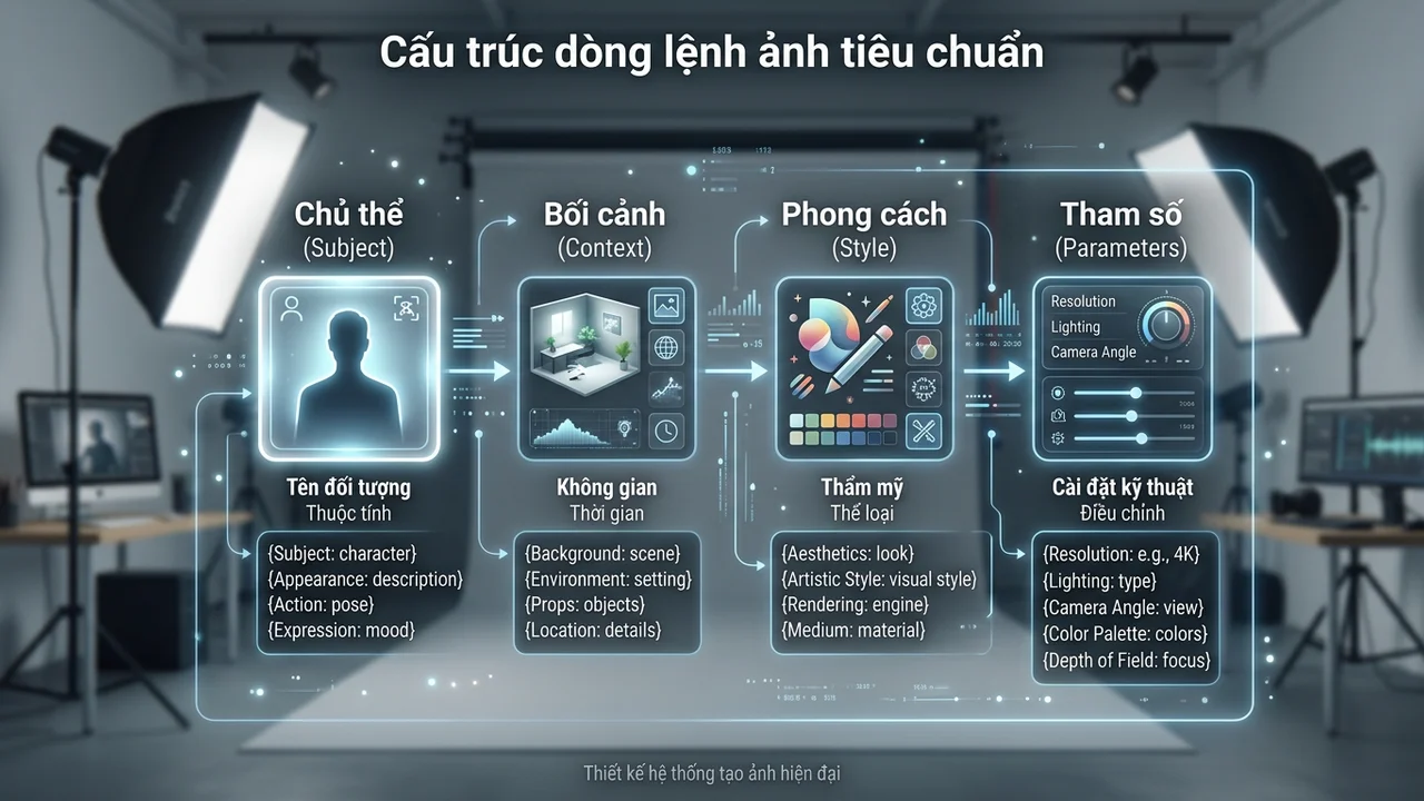 Cấu trúc dòng lệnh ảnh tiêu chuẩn: Subject - Context - Style - Parameters - prompt midjourney v6 tạo ảnh