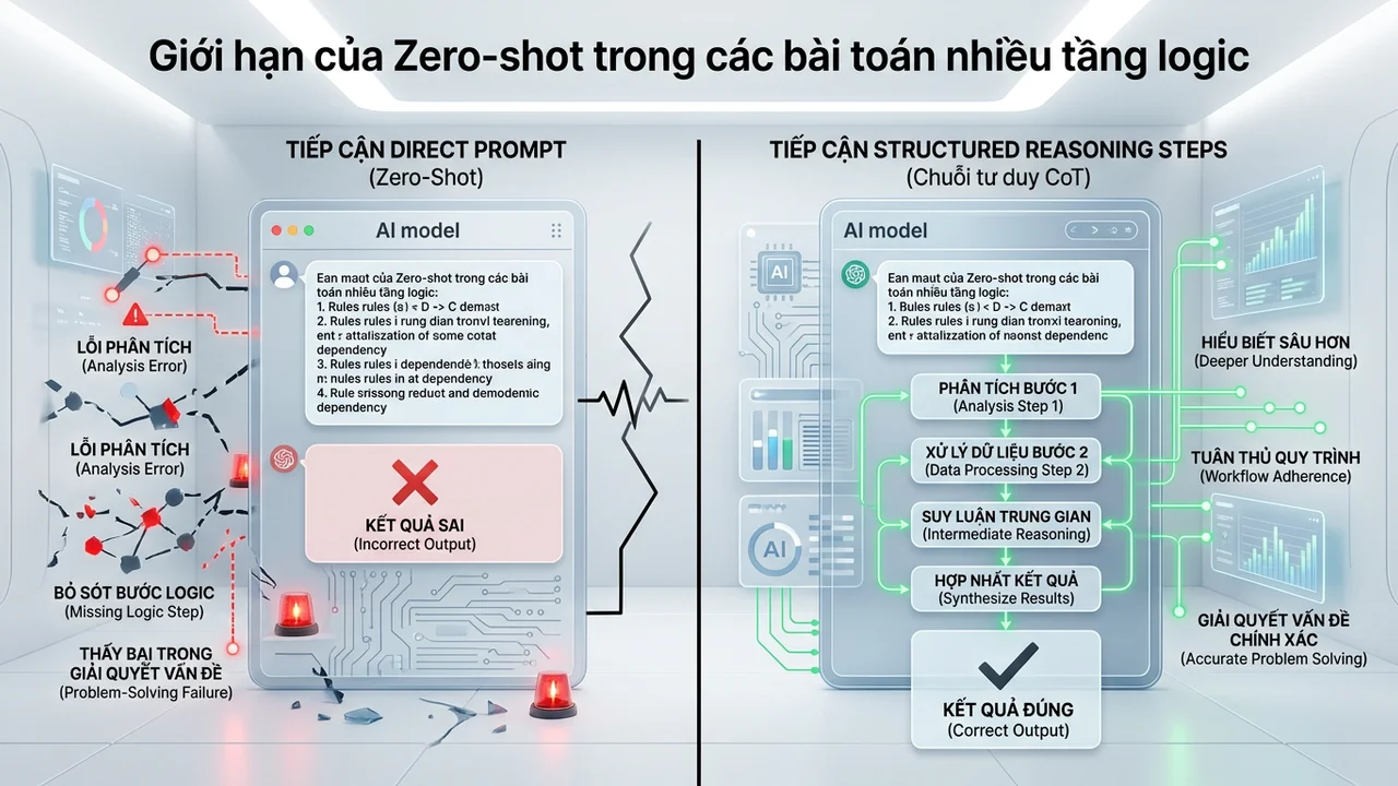 Giới hạn của Zero-shot trong các bài toán nhiều tầng logic - chain of thought prompt