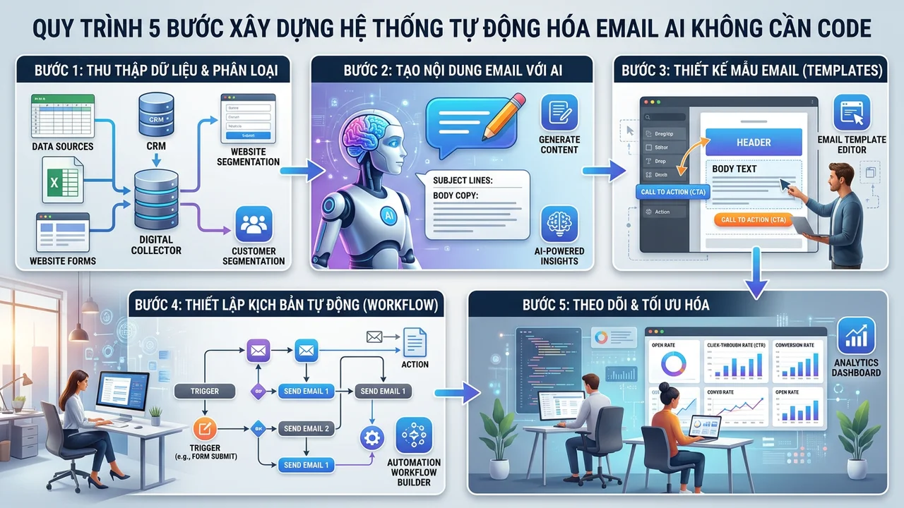 Quy trình 5 bước xây dựng hệ thống tự động hóa email AI không cần code - Quy trình tự động hóa email khách hàng bằng AI không cần biết code