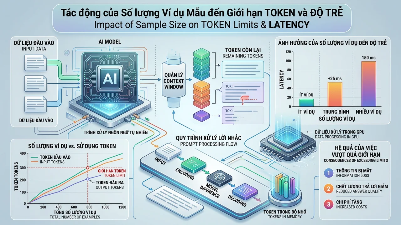 Tác động của số lượng ví dụ mẫu đến giới hạn Token và độ trễ - few-shot prompting