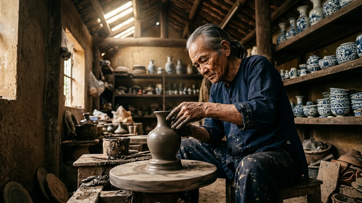 Kết quả tạo từ Chân dung Nghệ Nhân Gốm Sứ Bát Tràng Đang Chuốt Gốm Bàn Xoay