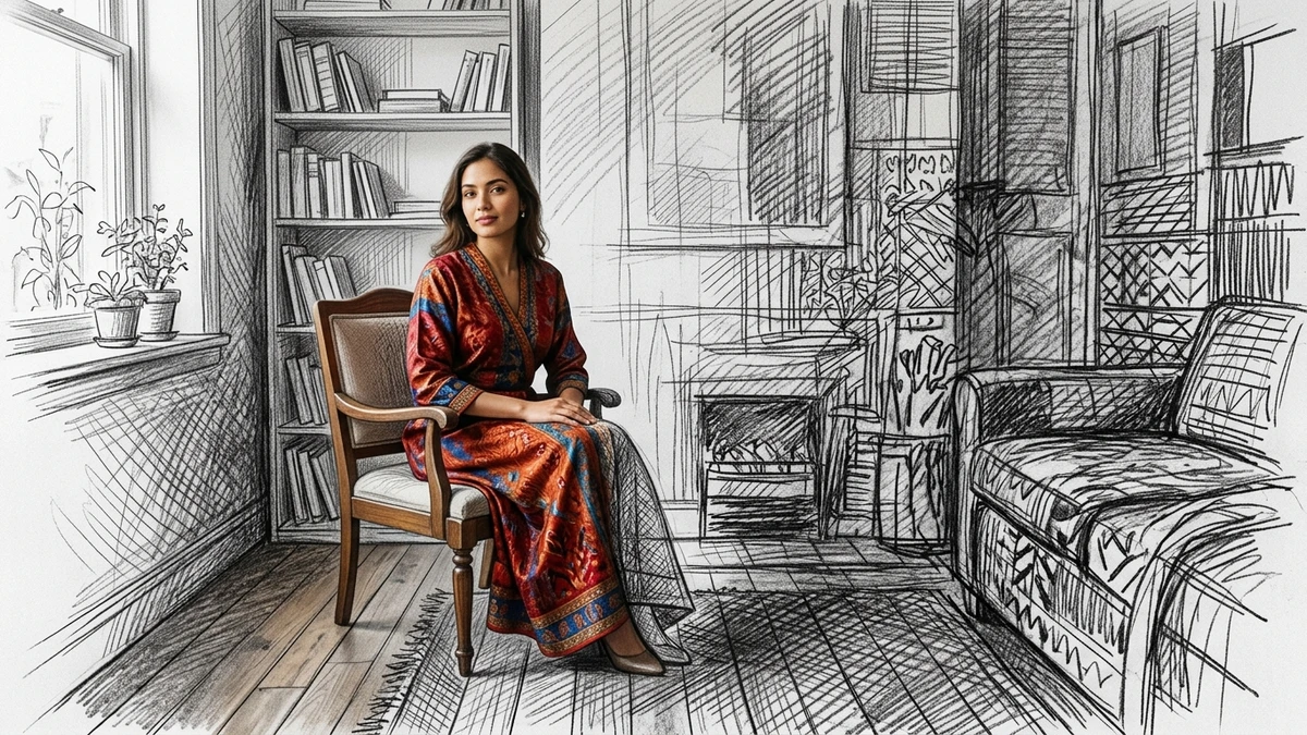Kết quả tạo từ Chân dung người thật hòa mình vào căn phòng phác thảo bút chì (Real Person in Sketch Room)