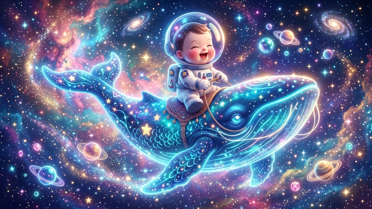 Kết quả tạo từ Mô Hình 3D Chibi Bé Con Cưỡi Cá Voi Xanh Bay Giữa Dải Ngân Hà