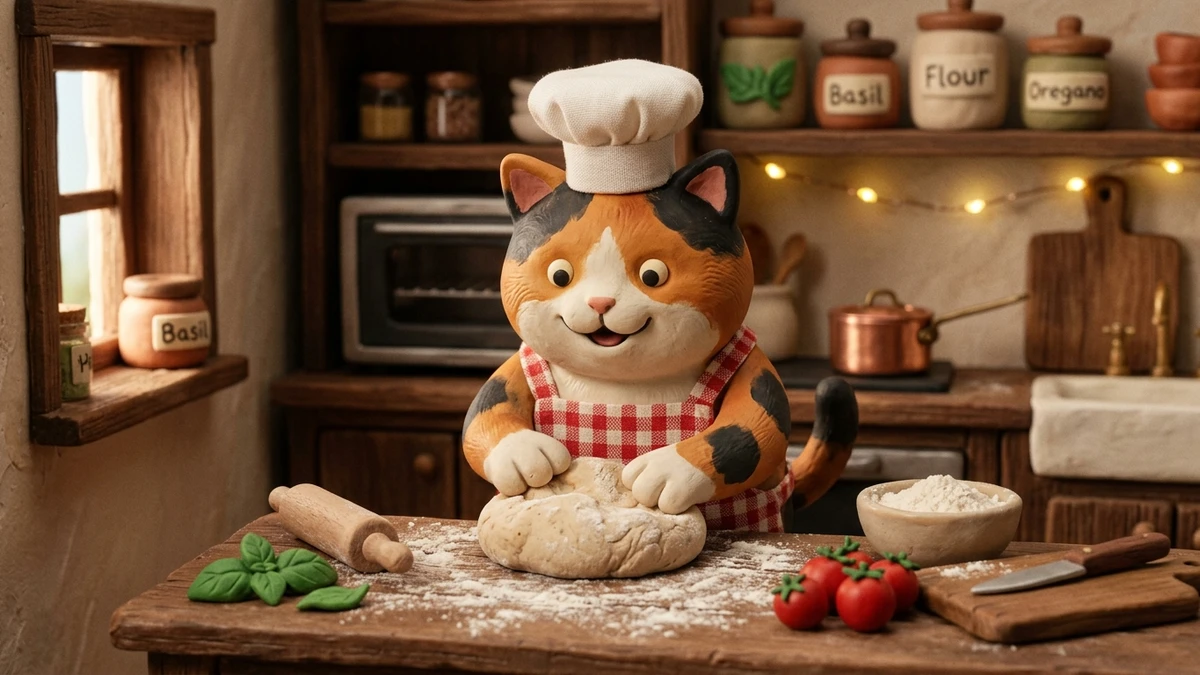 Kết quả tạo từ Mô Hình Đất Sét Thủ Công Claymation Chú Mèo Đầu Bếp Đang Nhào Bột Bánh