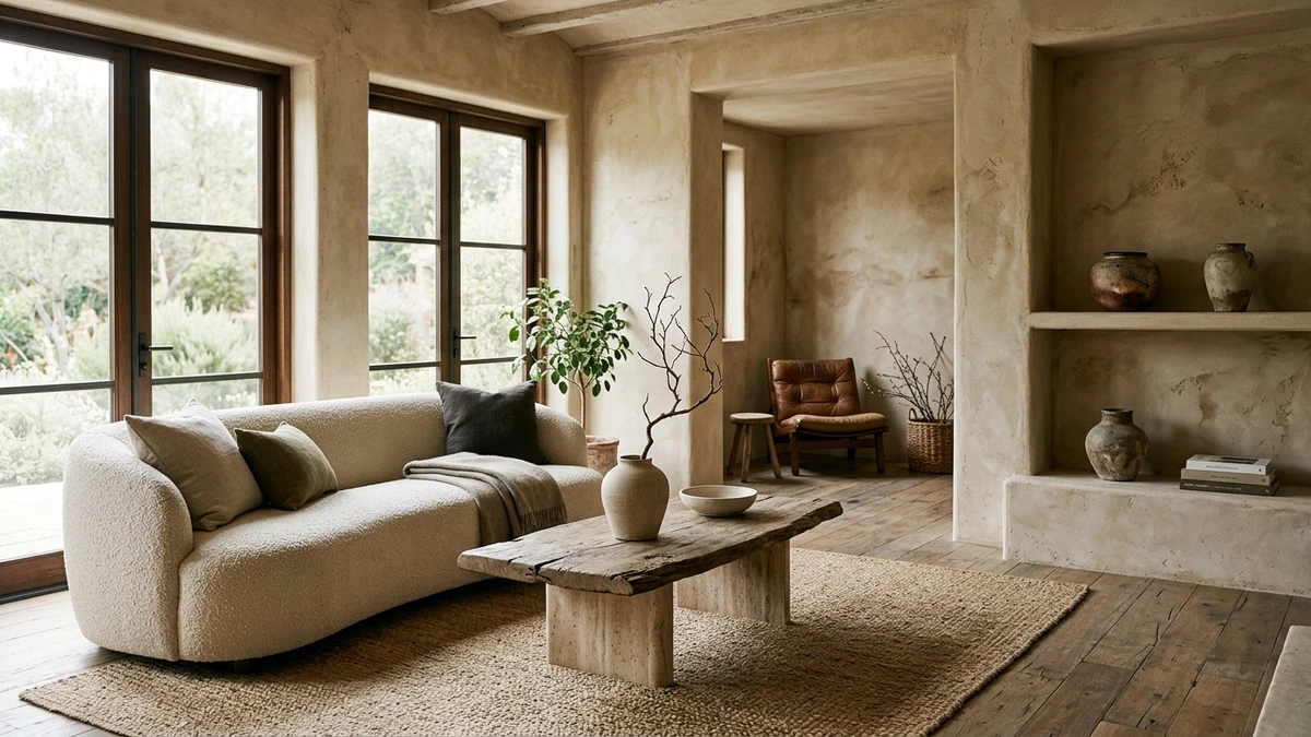 Kết quả tạo từ Nội Thất Phòng Khách Phong Cách Wabi-Sabi Tường Trát Đất Sét Tự Nhiên