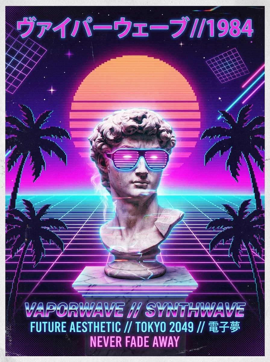Kết quả tạo từ Poster Synthwave Vaporwave hoài cổ thập niên 80 (Retro 80s Synthwave Poster)