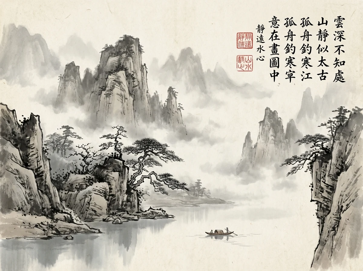 Kết quả tạo từ Thơ họa tranh thủy mặc phương Đông truyền thống (East Asian Shan Shui Ink Poem)