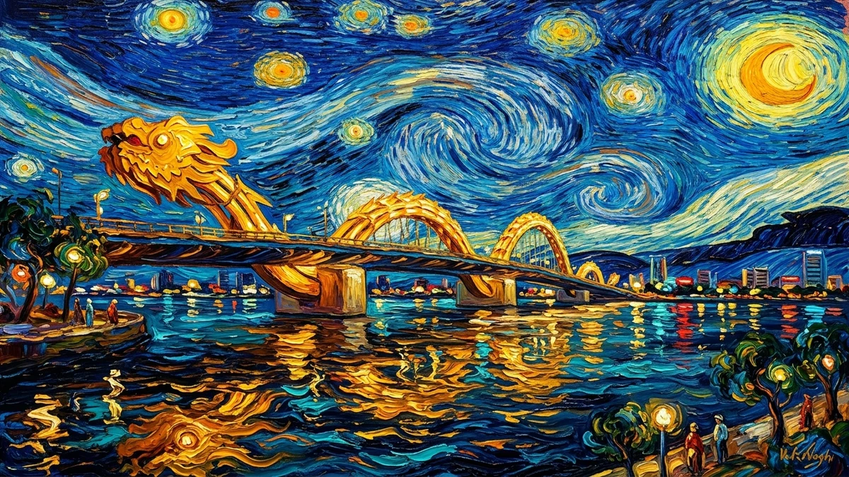 Kết quả tạo từ Tranh Sơn Dầu Phong Cách Van Gogh Đêm Đầy Sao Trên Sông Hàn Đà Nẵng