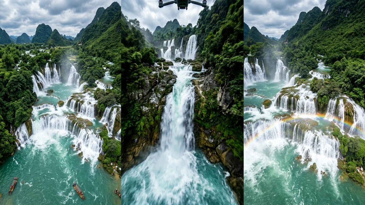 Kết quả tạo từ Video Cú Nhào Lộn FPV Dive Đổ Thẳng Xuống Thác Bản Giốc Cao Bằng