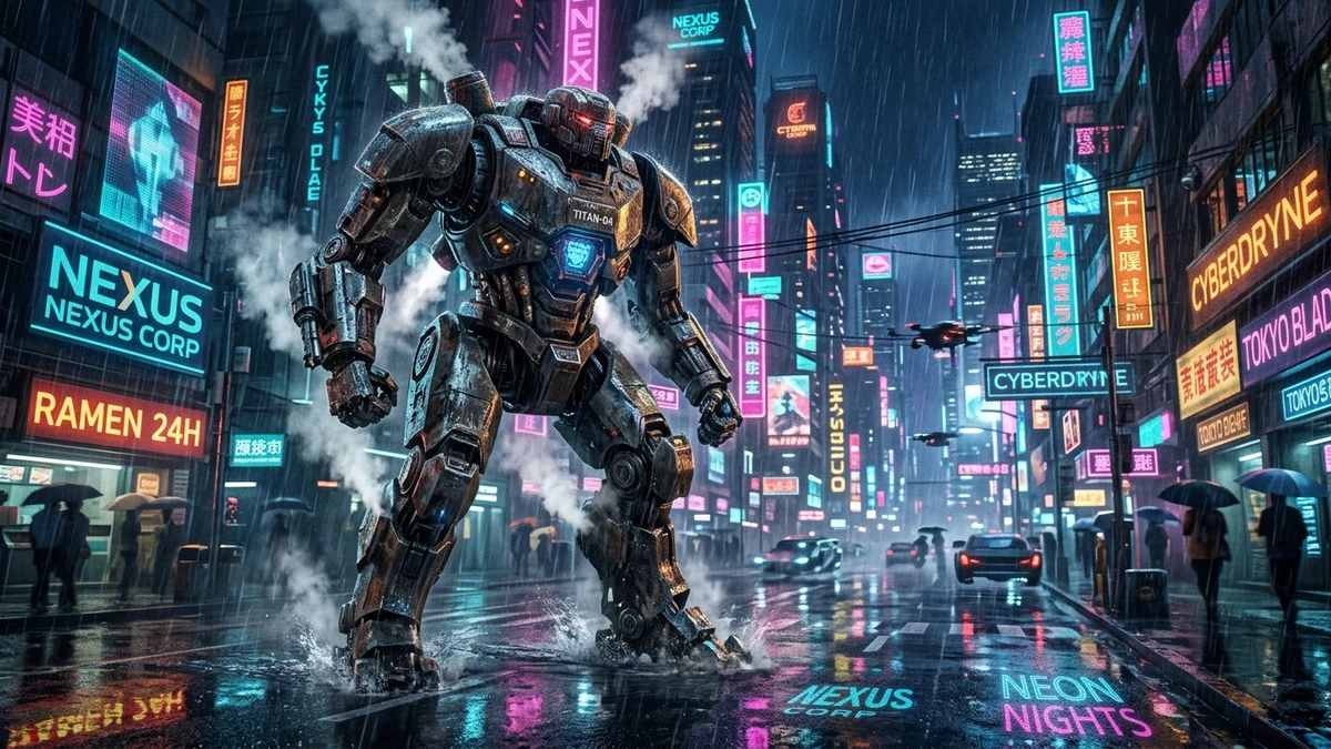 Kết quả tạo từ Video Điện Ảnh Robot Chiến Binh Cyberpunk Bước Đi Dưới Đêm Mưa Bão