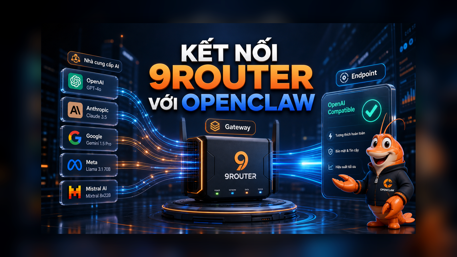 Kết nối 9Router với OpenClaw qua gateway AI an toàn không bị crop