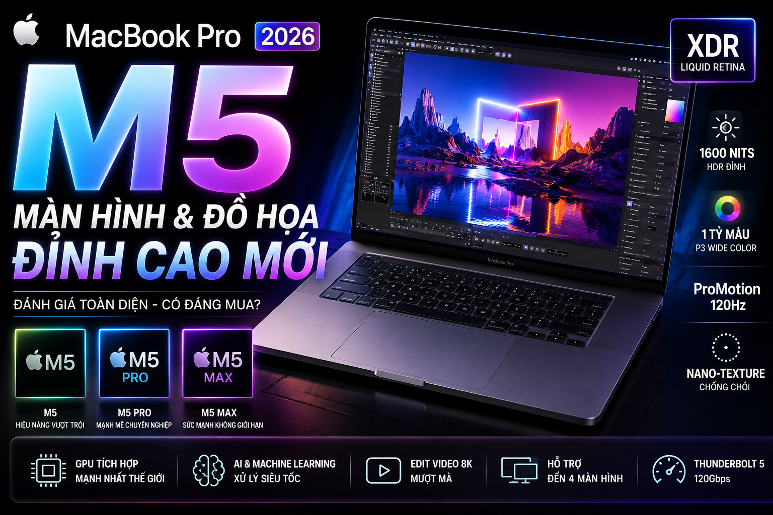Ảnh đại diện bài viết: Đánh giá màn hình đồ họa MacBook 2026 | MacBook Pro M5 có đáng mua?