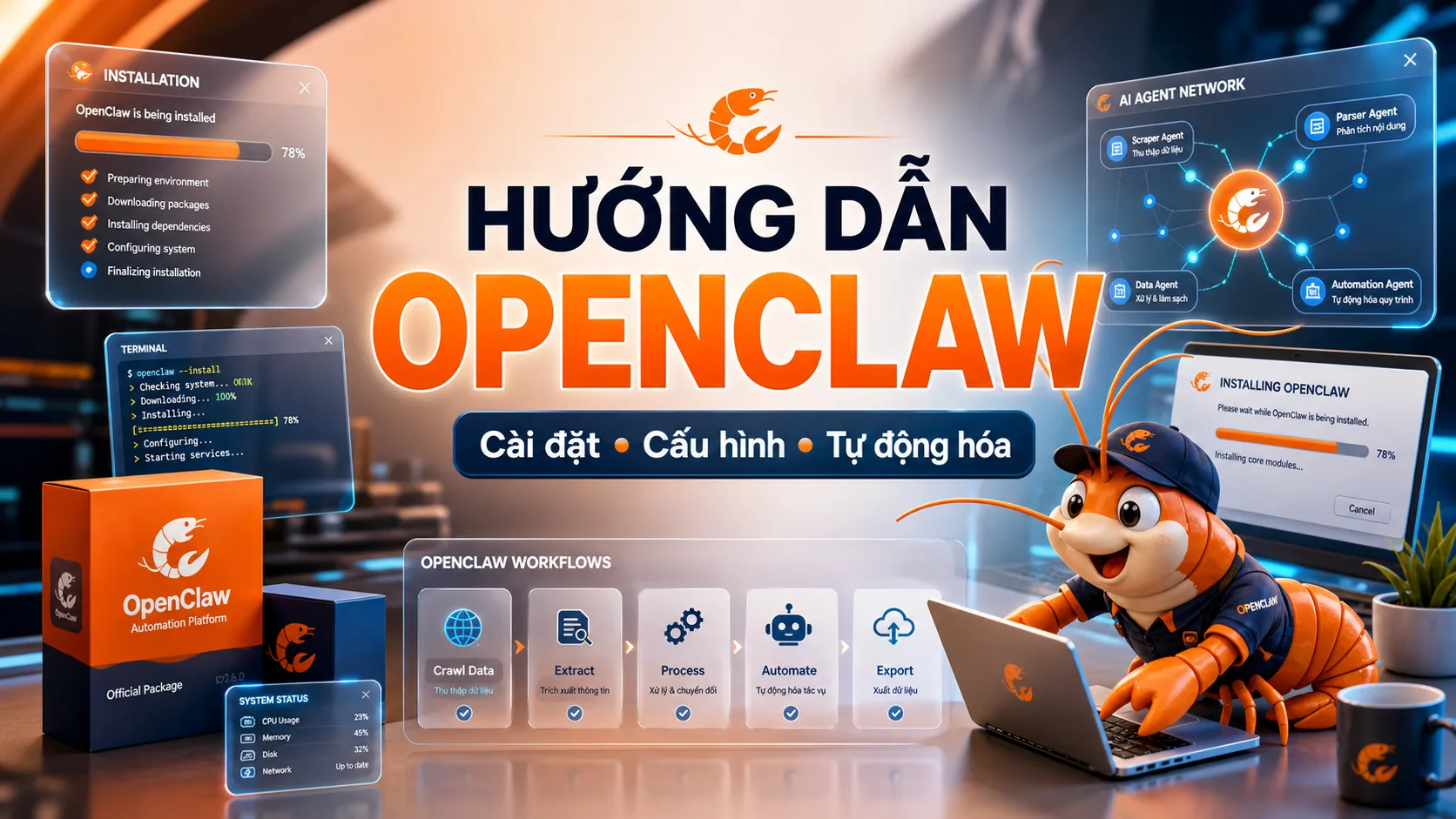 Hướng dẫn OpenClaw với mascot con tôm đang cài phần mềm trên máy tính