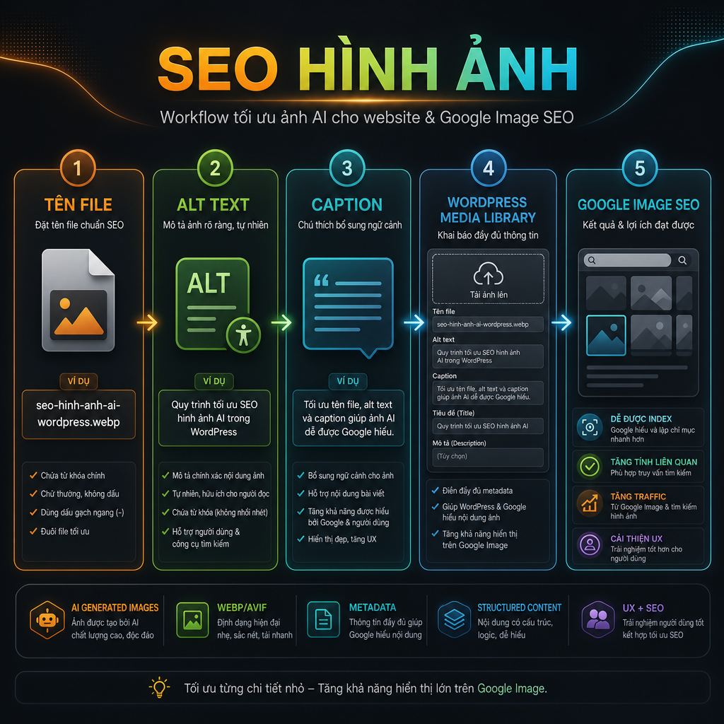 SEO hình ảnh AI với tên file alt text và caption