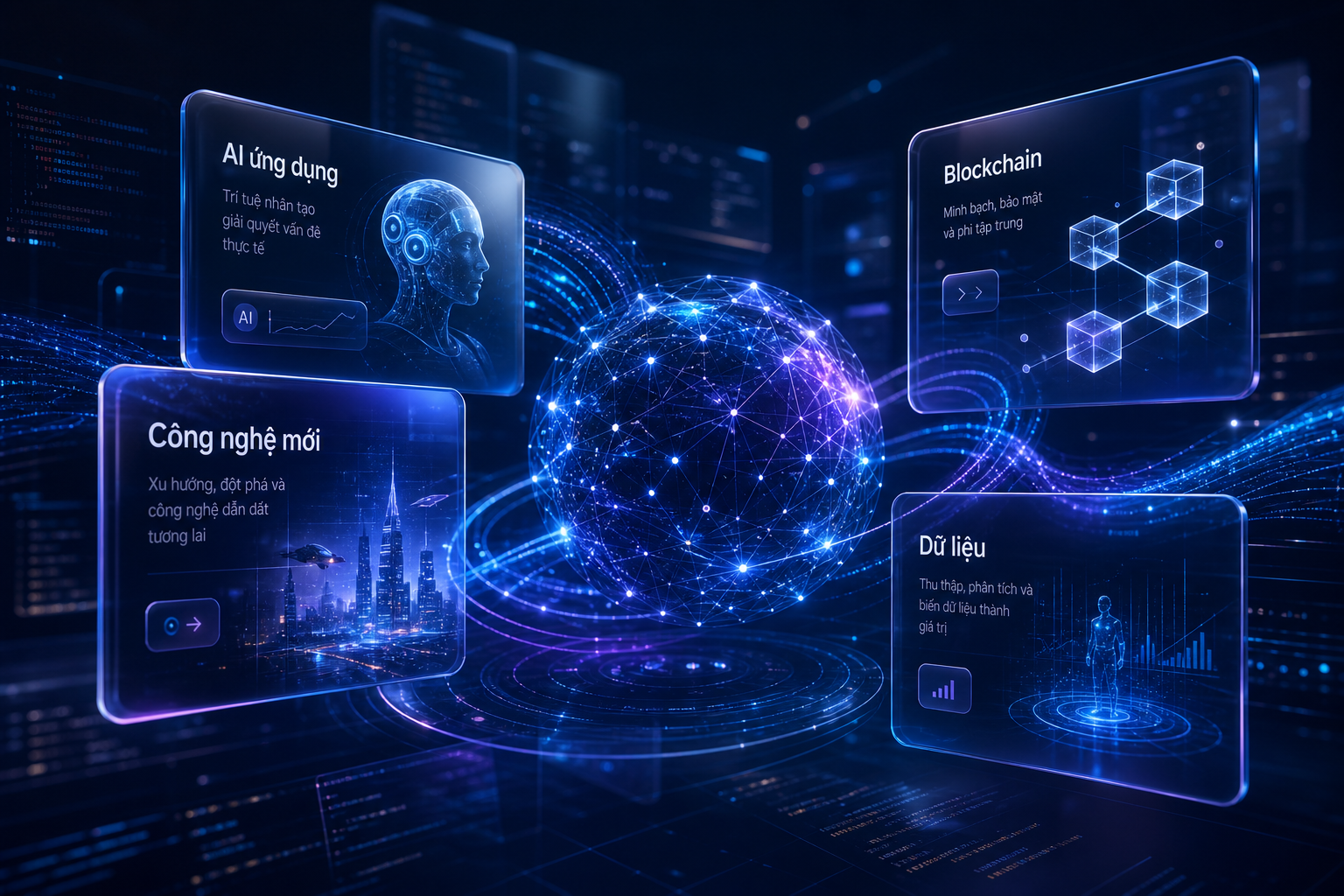 Minh họa công nghệ AI, dữ liệu và blockchain trên ThanhTuan.vn