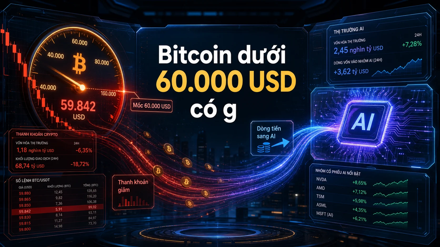 Bitcoin dưới 60.000 USD có g trong bài Bitcoin dưới 60.000 USD: Dòng tiền rời crypto sang AI?