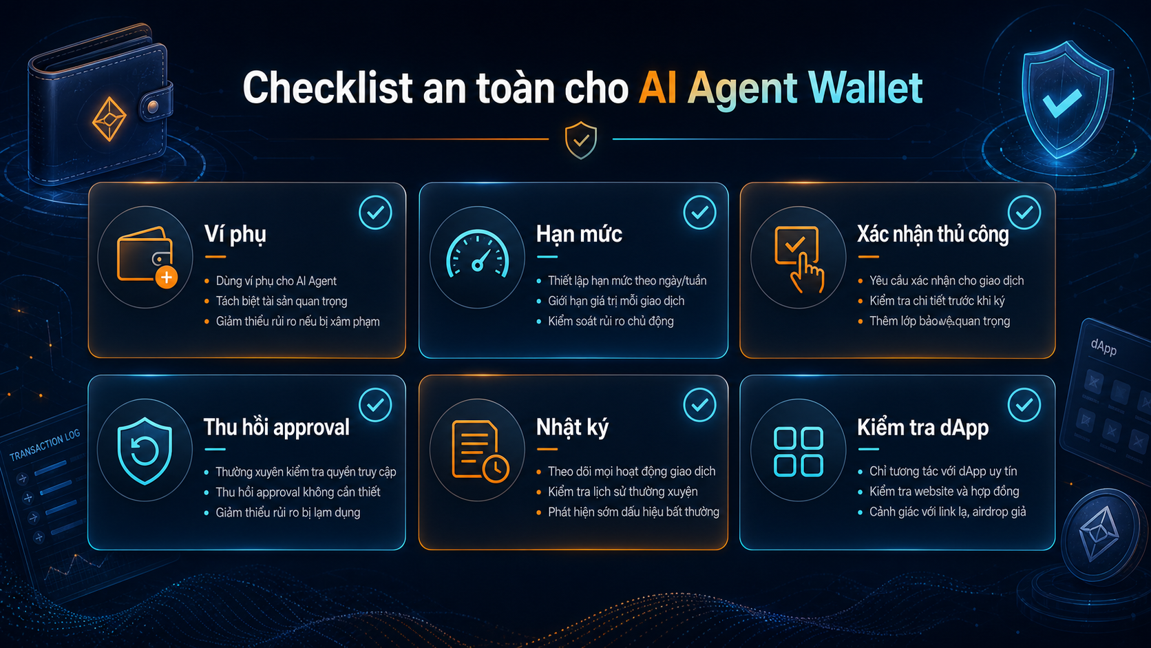 Checklist dùng AI agent wallet an toàn với ví phụ hạn mức và thu hồi approval