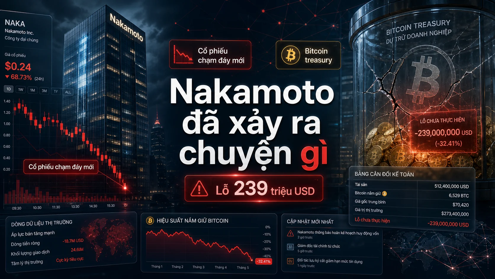 Nakamoto đã xảy ra chuyện gì trong bài Cổ phiếu Nakamoto rơi xuống đáy mới sau khoản lỗ 239 triệu USD: Bài học từ Bitcoin treasury