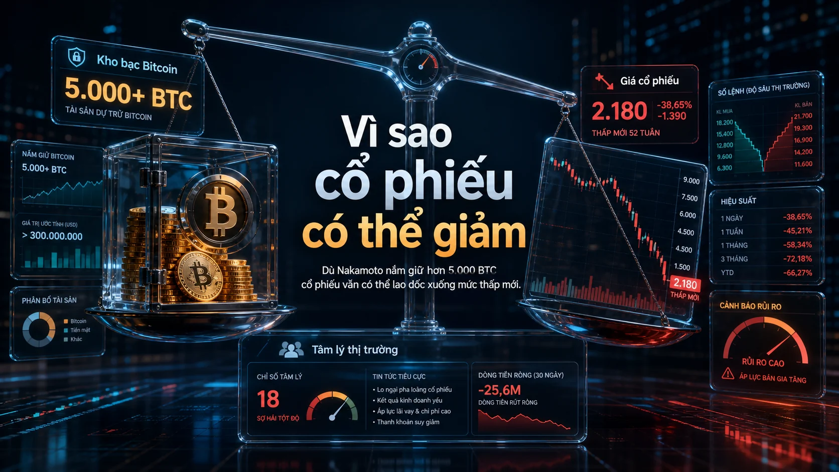 Vì sao cổ phiếu có thể giảm trong bài Cổ phiếu Nakamoto rơi xuống đáy mới sau khoản lỗ 239 triệu USD: Bài học từ Bitcoin treasury