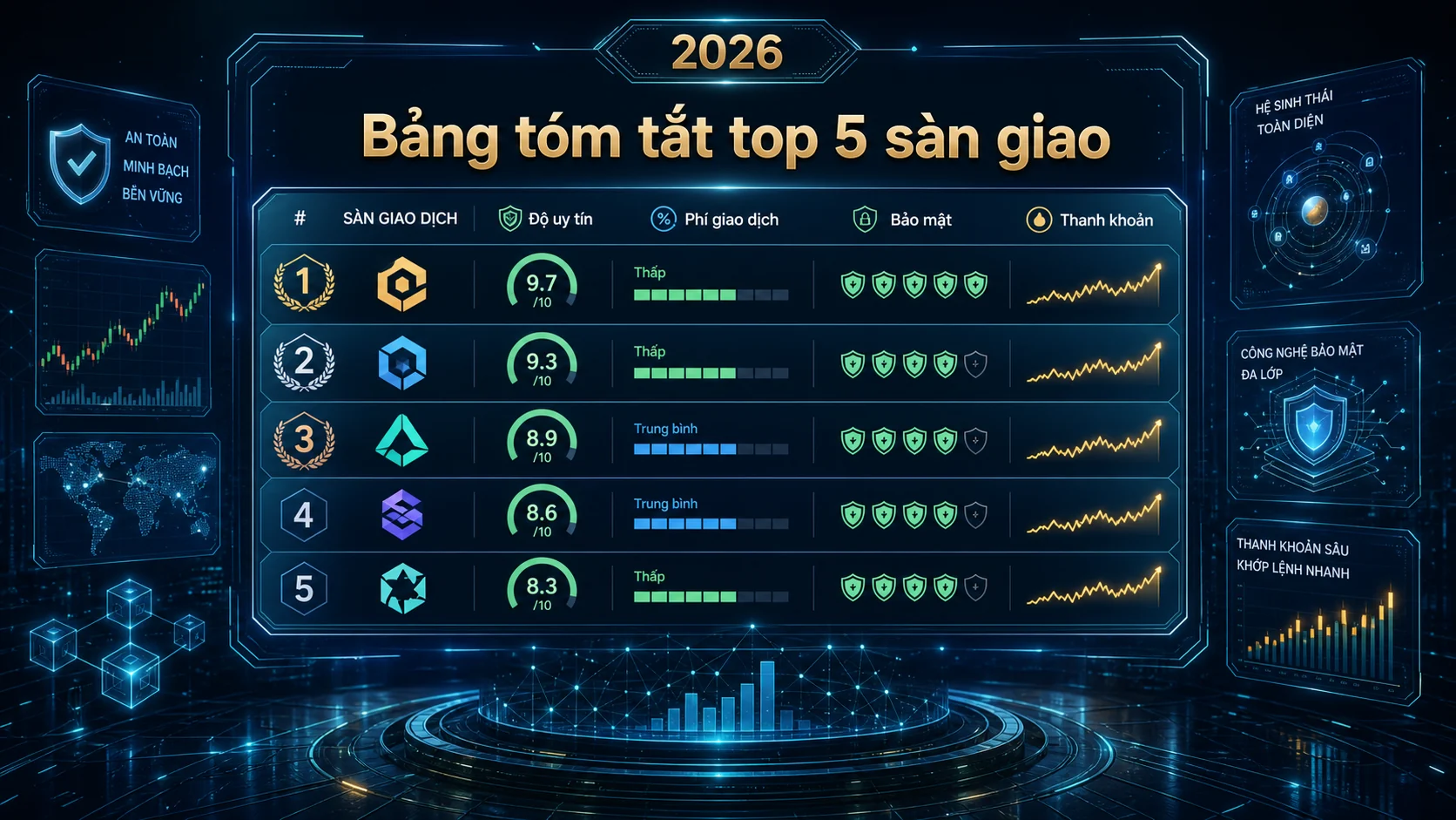 Bảng tóm tắt top 5 sàn giao trong bài Top 5 sàn giao dịch tiền điện tử uy tín nhất năm 2026