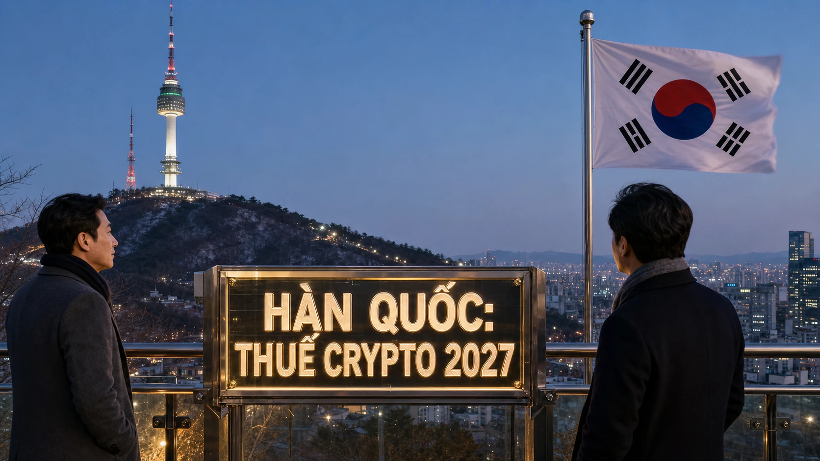 Thuế crypto Hàn Quốc 2027 với N Seoul Tower và quốc kỳ Hàn Quốc